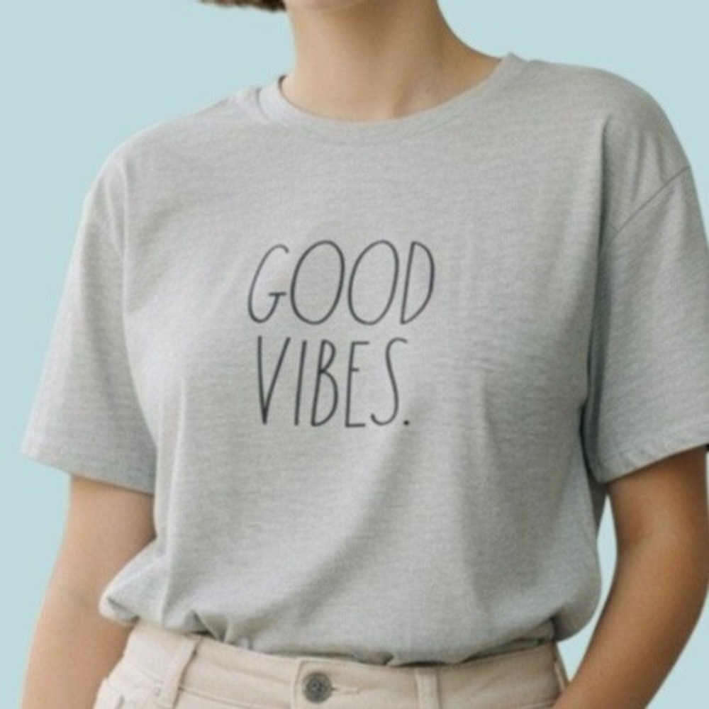 Rae Dunn Good Vibes Tee Large Gray Graphic High-Low Hem Short Sleeve Minimalist